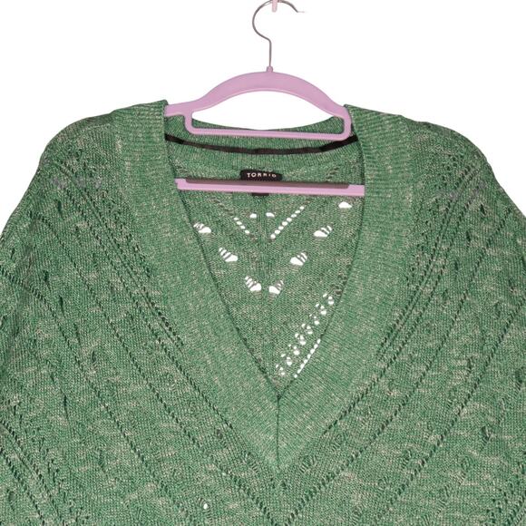 Torrid Sweater Womens 2X Green Open Knit Pullover Short Dolman Sleeve V Neck - Picture 2 of 10
